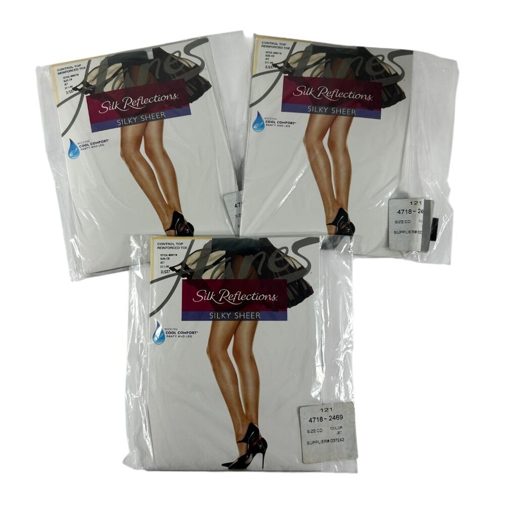 Hanes Lot 3 Silk Reflections Silky Sheer Jet Black Control Top Reinforced Toe CD